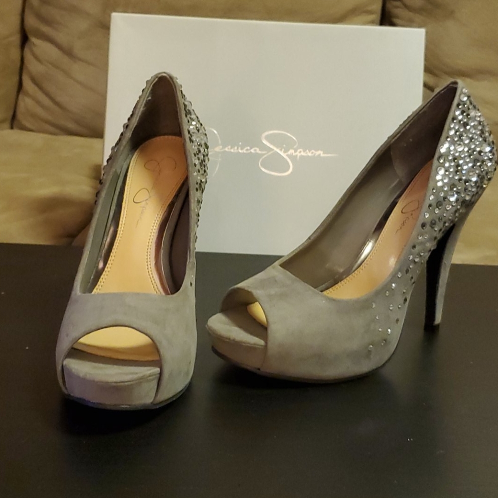 JESSICA SIMPSON RHINESTONE GRAY MICROSUEDE 8.5